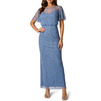 Adrianna Papell Beaded Mesh Blouson Gown in French Blue at Nordstrom, Size 14
