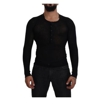 Dolce & Gabbana Long Sleeve Tops, male, Black, Size: XS Black Cashmere Button Pullover Sweater