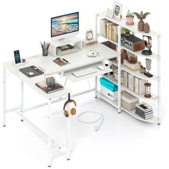 Costway Scrivania a L con scrivania per computer a 5 ripiani con supporto per monitor, scrivania angolare con gancio per cuffie e cassetto per tastiera