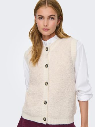 Jacqueline de Yong Strickweste JDY JDYEIRA LIFE S/L O-NECK BUTTON VEST KNT, Damen, Gr. S, birch, Strick, Obermaterial: 90% Polyester, 5% Wolle, 3% Elasthan, 2% Polyacryl