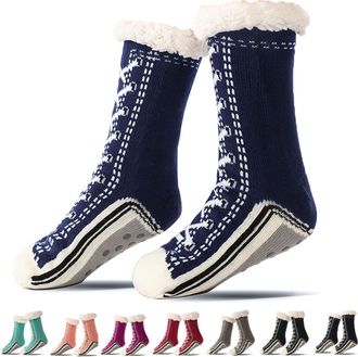 Generic Slipper Socks, Ultra-Thick Cute Slipper Home Socks, Slippers And Socks With Reinforced Anti-Slip Silicone Strips (Navy Blue, One Size, Adult, Women, O