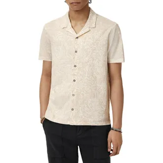 John Varvatos Matera Frond Jacquard Short Sleeve Organic Linen Button-Up Shirt in Marble at Nordstrom Rack, Size Xx-Large