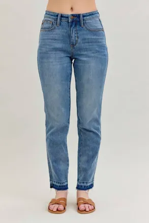 Judy Blue Rigid Magic Release Hem Boyfriend Jeans In Medium Denim