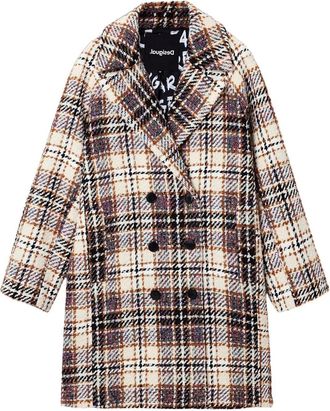 Desigual Checked Buttoned Coat with Lapel Collar