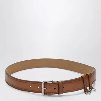 Miu Miu Calfskin belt with contrast stitching and hooks, cognac