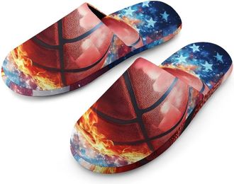 Generic Basketball U.S. Flag Flannel Mens Slip-on Slippers Winter Warm House Shoes with Rubber Sole for Home Hotel