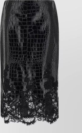 Ermanno Scervino leather crocodile-print lace-trim midi pencil skirt