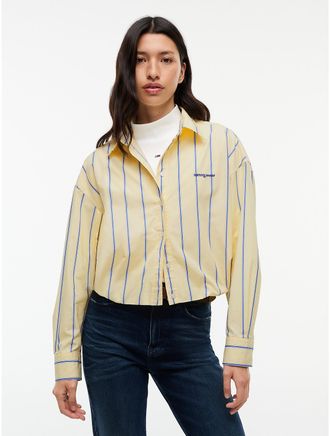 Tommy Hilfiger Womens Tommy Jeans Bubble-Hem Cropped Shirt - Day Lily / Stripe - L