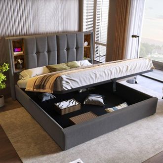 Merax Upholstered Bed with Wireless Charging, Hydraulic Storage Bed Frame in Grey | Size: Super King