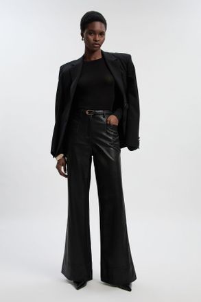 Karen Millen Womens Petite Faux Leather Tailored Kickflare Trouser - Black - Size 12 UK