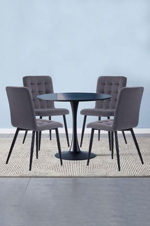 Living and Home 5Pcs Dining Table Set of Modern Tufted Dining Chairs and Wooden Round Table