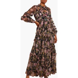 Needle & Thread English Rose Diamond Ruffle Gown in Graphite at Nordstrom, Size 4