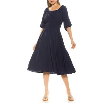 Alexia Admor Emily Balloon Sleeve Fit & Flare Midi Dress in Navy at Nordstrom Rack, Size Small