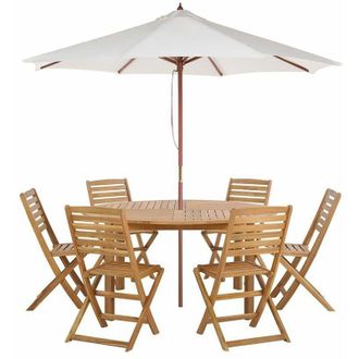 Beliani Set di tavolo e 6 sedie da giardino pieghevole con ombrellone acacia chiaro Tolve
