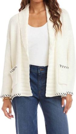 Karen Kane Contrast Stitch Open Front Cardigan Sweater In Off White With Navy