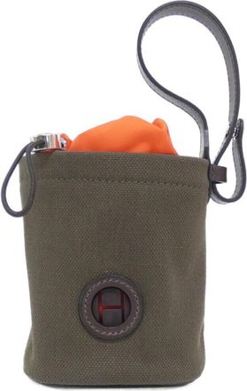 Herm&egrave;s Feu Khaki Canvas Barenia Leather Pouch (Pre-Owned)