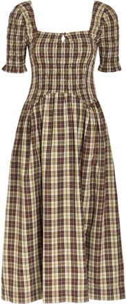 Damson Madder Emmy Checked Shirred Cotton Midi Dress - Dark Brown - 16 (UK16 / XL)