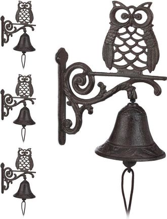 Relaxdays 4 X Campana Con B&uacute;ho Para La Entrada, Estilo R&uacute;stico, Decoraci&oacute;n De Jard&iacute;n, Marr&oacute;n Oscuro