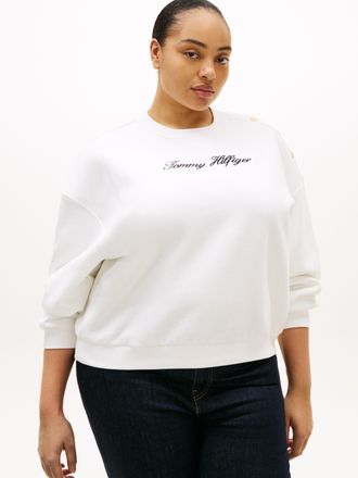 Tommy Hilfiger Sweatshirt TOMMY HILFIGER CURVE CRV GOLD BTN SCRIPT FLEECE SWRT, Damen, Gr. 46, ecru, Sweatware, Obermaterial: 64% Baumwolle, 36% Polyester, unifarben