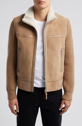 Mackage Jonathan Mixed Media Merino Wool & Shearling Jacket in Light Camel-Natural at Nordstrom, Size Large
