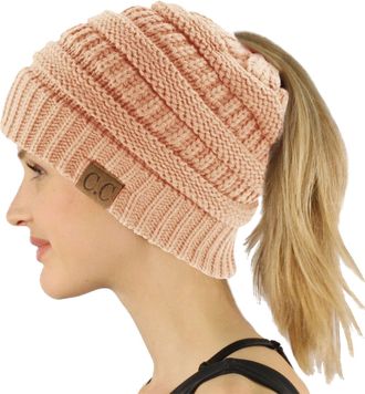 C.C Exclusives Soft Stretch Cable Knit Messy Bun Ponytail Beanie Winter Hat for Women (MB-20A), Solid Indi Pink, One Size