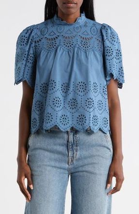 T Tahari Embroidered Eyelet Short Sleeve Cotton Top in Blue Fin at Nordstrom Rack, Size X-Small