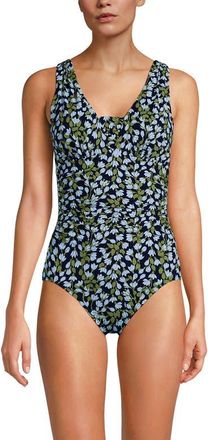 Lands End Slender Suit Grecian Low Leg One Piece Swimsuit in Navy Mini Bloom Floral at Nordstrom, Size 16