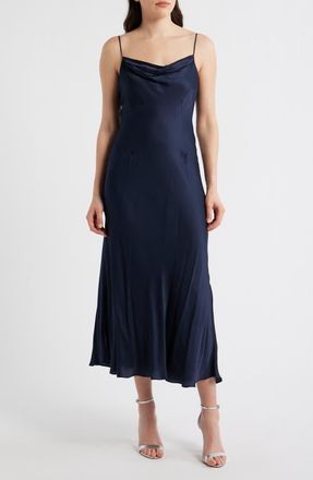 French Connection Oona Strappy Satin Midi Dress in Marine at Nordstrom, Size 14