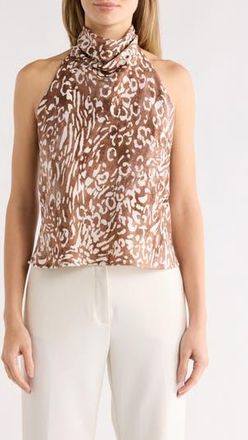 Renee C Animal Print Satin Halter Neck Top in Brown at Nordstrom Rack, Size X-Small