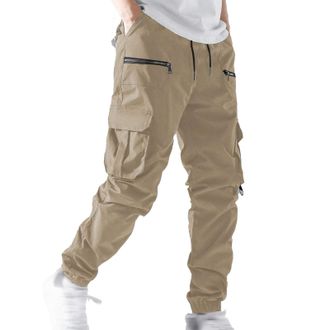 Generic Mens Tapered Cargo Trousers with Zipper Pockets Elasticated Waist Adjustable Cuffs Casual Streetwear Pants Daily Wear Outdoor Trousers Bottoms Khaki