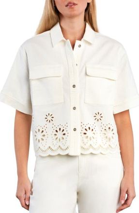 Wash Lab Denim Petal Eyelet Denim Button-Up Shirt in Bright White at Nordstrom, Size X-Large