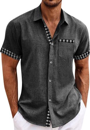 Generic Mens Short Sleeve Shirt Stretch Stain Shield Plain Shirts Regular Fit Business Blouse Casual Smart Button Down T-Shirt,Grey,XXL