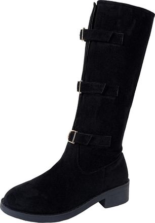 Generic Womens Knee High Boots Stretchy Casual Walking Booties Stylish Low Heel Flat Chunky Comfortable Buckle Pull On Long Boots Outdoor Party