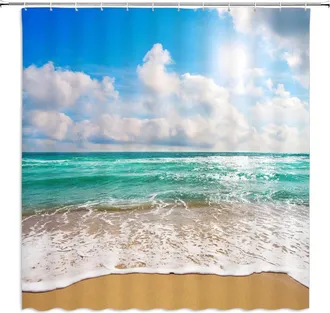 OEM Cortina De Ducha Con Dise&ntilde;o De Playa Oce&aacute;nica, Con Cielo Azul, Olas Tropicales, Nubes Blancas Y Paisajes Naturales De Verano Hawaianos, Con Ganchos De