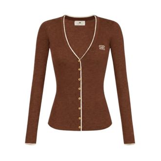 Elisabetta Franchi Cardigan met contrasterende bies - Dames - Truien - Bruin - Maat: XS Wol