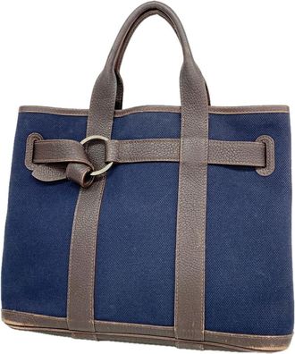 Herm&egrave;s Brown Navy Toile H Tote Bag (Pre-Owned)