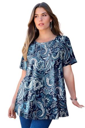 Roaman's Plus Size Ultimate Cotton Crewneck Short Sleeve Swing Tee in Blue Rustic Paisley at Nordstrom, Size Medium