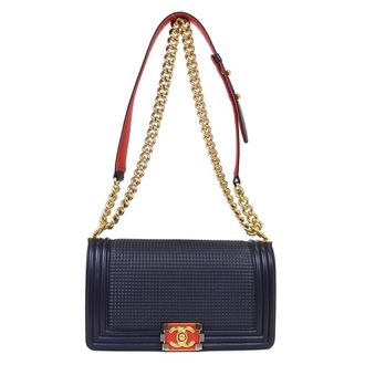 Chanel Boy Flap Cube Embossed Lambskin Navy Leather Handbag (Pre-Owned)