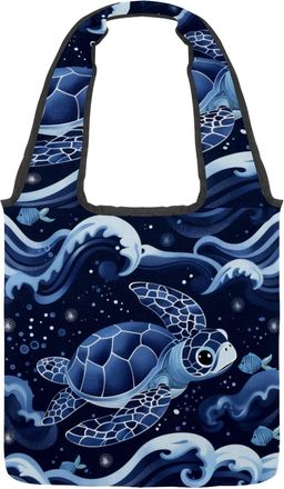 Generic Sea Turtle Blue Wave Pattern Reversible Canvas Shoulder Tote - Double-Sided Print, 12oz Cotton, 27cm Drop, Fold-Flat Bag for Travel, Shopping, Street 