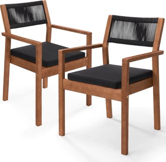 Best Choice Products Set of 2 Outdoor Bayview Dining Chairs with Arms, Woven Back, Eucalyptus Wood Frame - Black/Natural