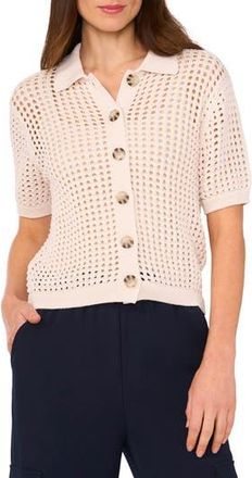 Halogen Openwork Short Sleeve Cardigan in Birch at Nordstrom Rack, Size X-Small