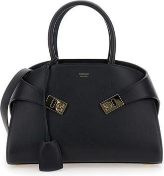 Ferragamo Hug Black Handbag With Logo And Gancini Buckle In Leather