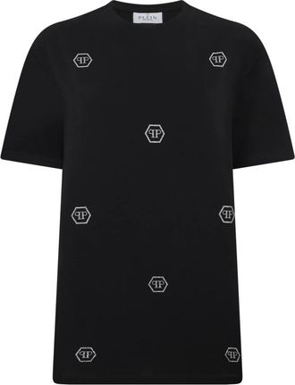 Philipp Plein Fit T-Shirt Mini Monogram Crystal Monogram - Dames - T-shirts - Zwart - XS - Katoen - Tops