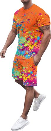 Generic Men Summer Tracksuit Sets Sports Casual Outfits 2 Piece Colourful Pigment Printed Short Sleeve Round Neck T Shirt Top Suits Elastic Running Shorts wit