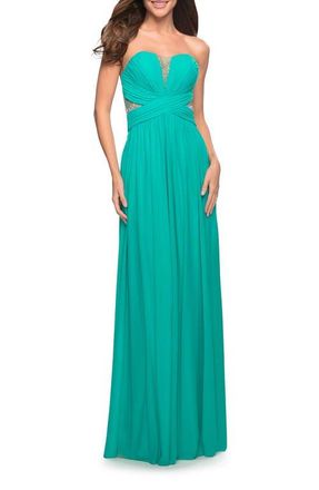 La Femme Net Jersey Dress with Gathered Bodice and V Neckline in Spearmint at Nordstrom, Size 0
