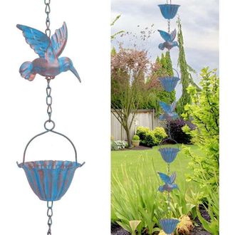 OEM Cadena De Lluvia De 2,4 M Con Colibr&iacute;es - Cadena De Metal Azul Retro, 7 P&aacute;jaros Y 7 Copas Para Canalones, Jard&iacute;n Y Decoraci&oacute;n Del Hogar -crezuo