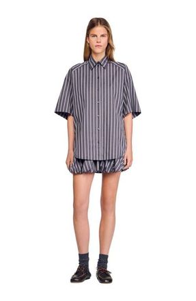 Sandro Oversized striped rhinestone shirt in Grey at Nordstrom, Size X-Large