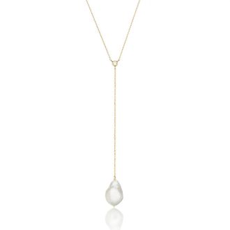 Lily & Roo Gold Single Diamond Style Baroque Pearl Lariat Necklace