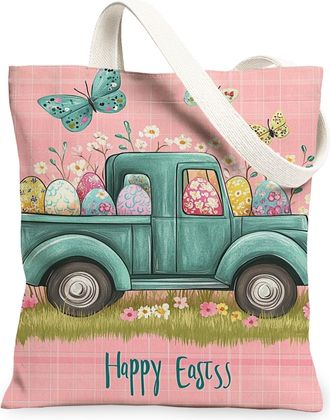 Generic Easter Floral Canvas Tote Bags, Vintage Butterfly Design Reusable Bags, Spring Lightweight Washable Shoulder Strap Canvas F, Peach, 13x15 Inch