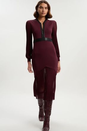 Karen Millen Pu Trim Woven Sleeved Pleated Dress in Burgundy at Nordstrom, Size X-Small